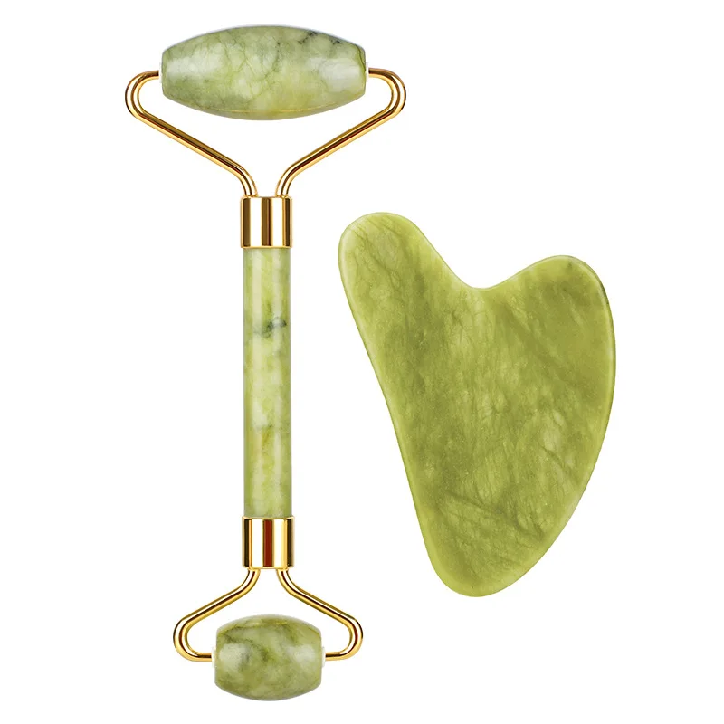 

Hot Sell Private Label Beauty Anti Aging Green Natural jade Massage Quartz Jade Roller Gua Sha Set for Face