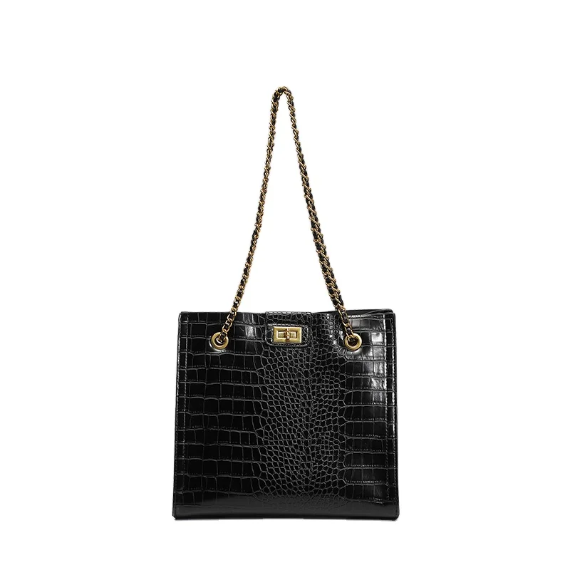 

Black popular crossbody leather handbag women sling bag alligator chain lady tote hand bag