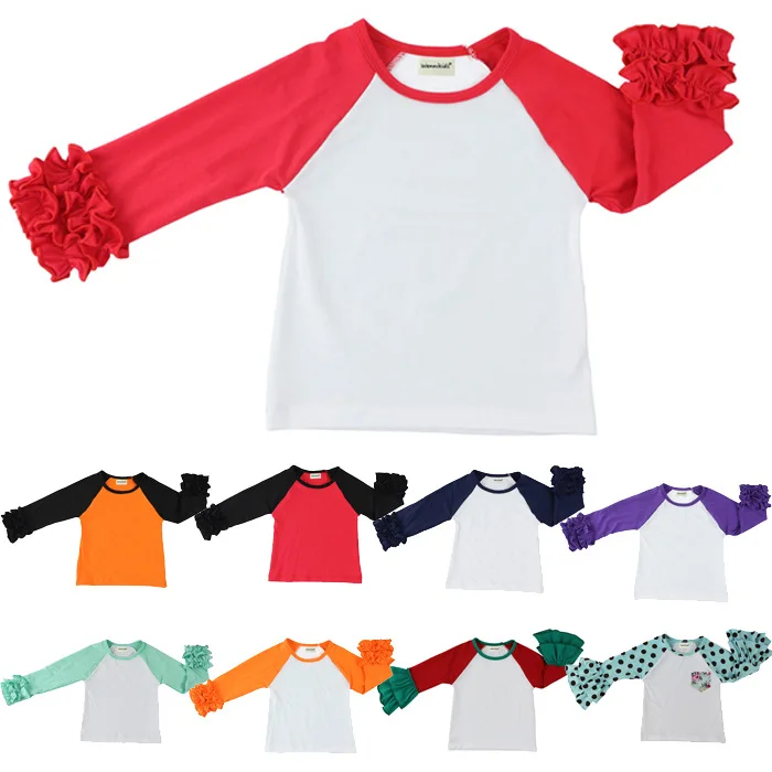 

EM-188 hot sell factory direct high quality 100% cotton knitted ruffle raglan shirts boutique long sleeve tops for baby girls, Picture show , multi-colors