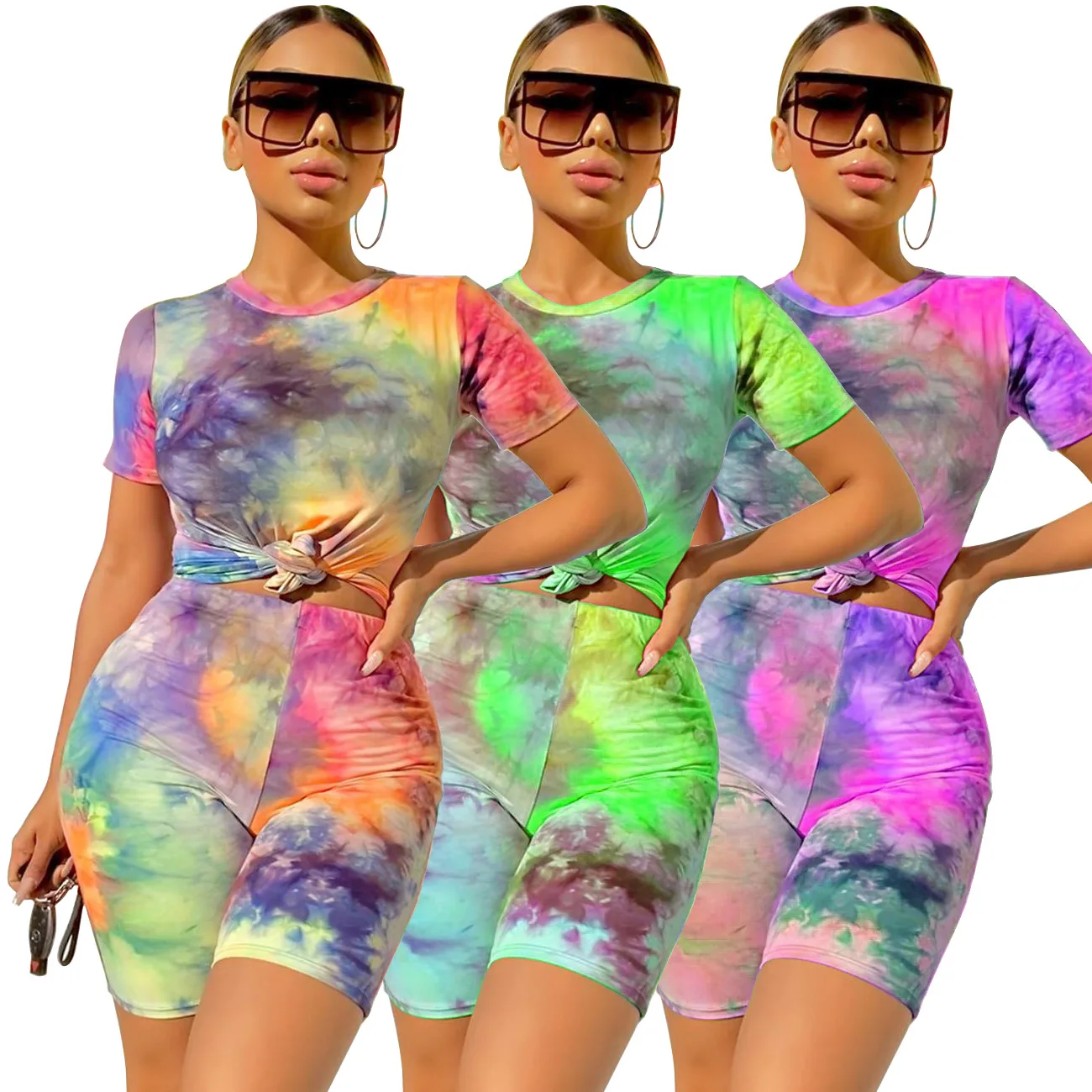 

Hot Sell Tie-dye Print Short Sleeve Crop Tops T-Shirt Bikers Sport Matching Set Fitness Women 2 Piece Set Clothing Summer 2020, Orange, green , purple