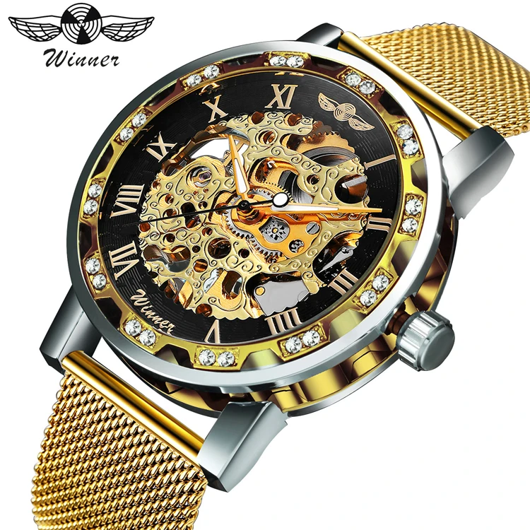 

WINNER 293 Fashion Business Mechanical Mens Watches Top Brand Luxury Skeleton Dial Crystal Iced Out Wristwatch Clock 2020 New