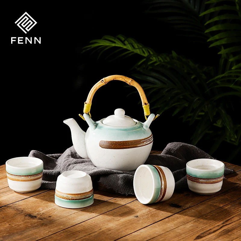 

Low MOQ Factory Wholesale Japan Style Restaurant Usage Hand Painted Ceramic Stonewar Tea Set A pot and 4 Cups Tea Pot With Lid
