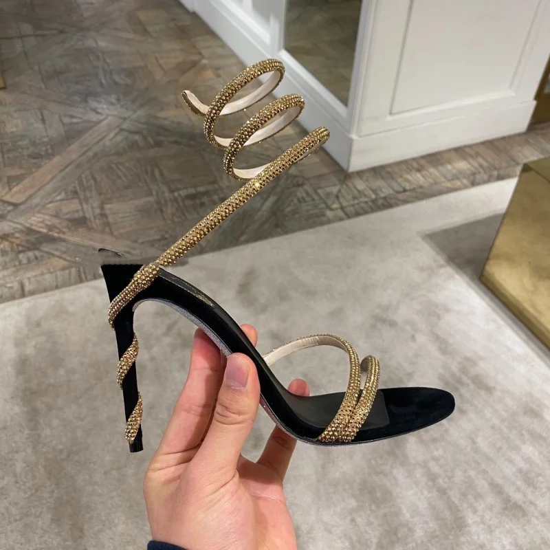 

BUSY GIRL MY4505 ladies heels rhinestone snake shaped cross strap luxury 10cm stiletto high heels shoes for women heeled sandals