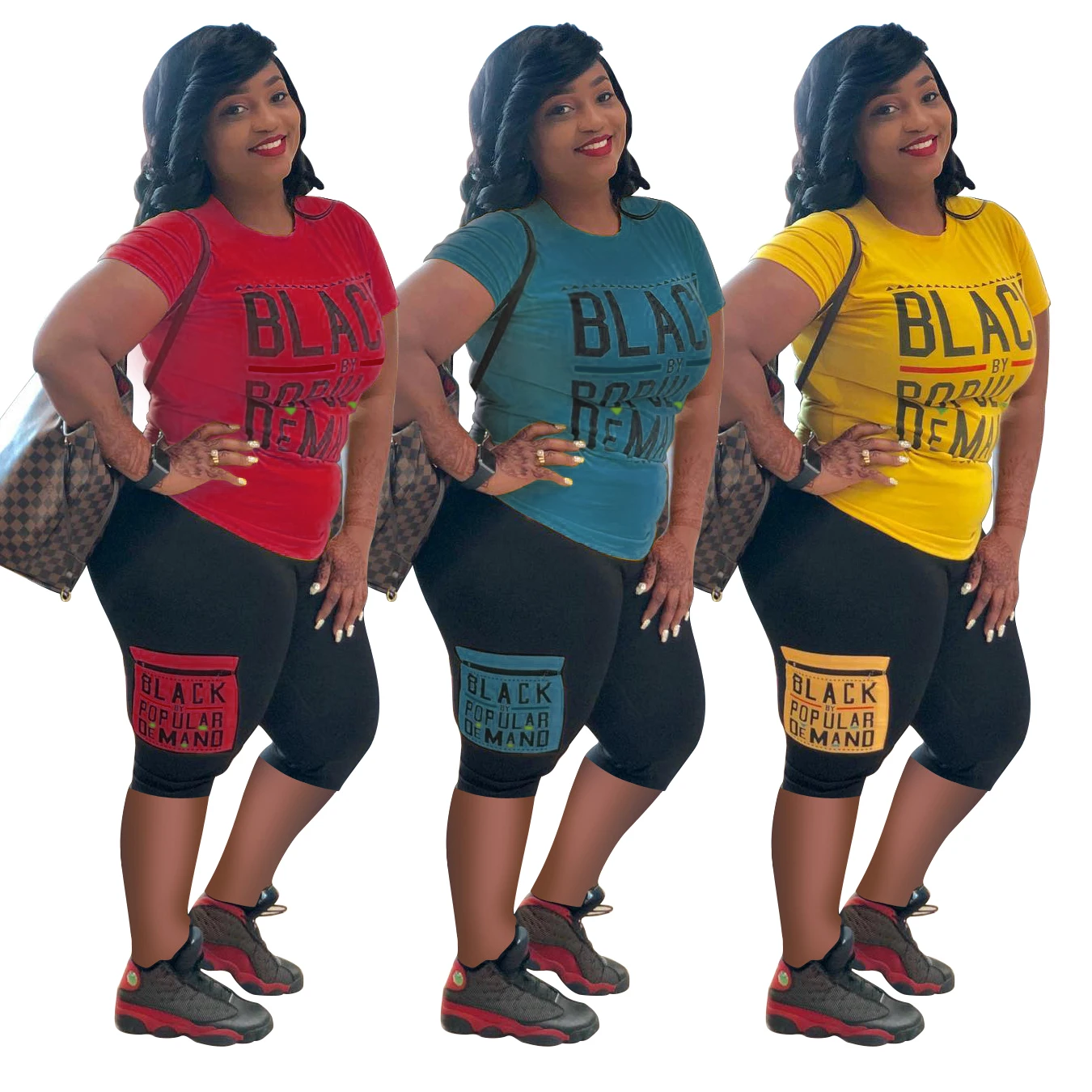 

MTY6888 2021 new arrival summer short sleeves o neck letter printed pants sets casual outfit women clothing 2 piece sets, 3 colors