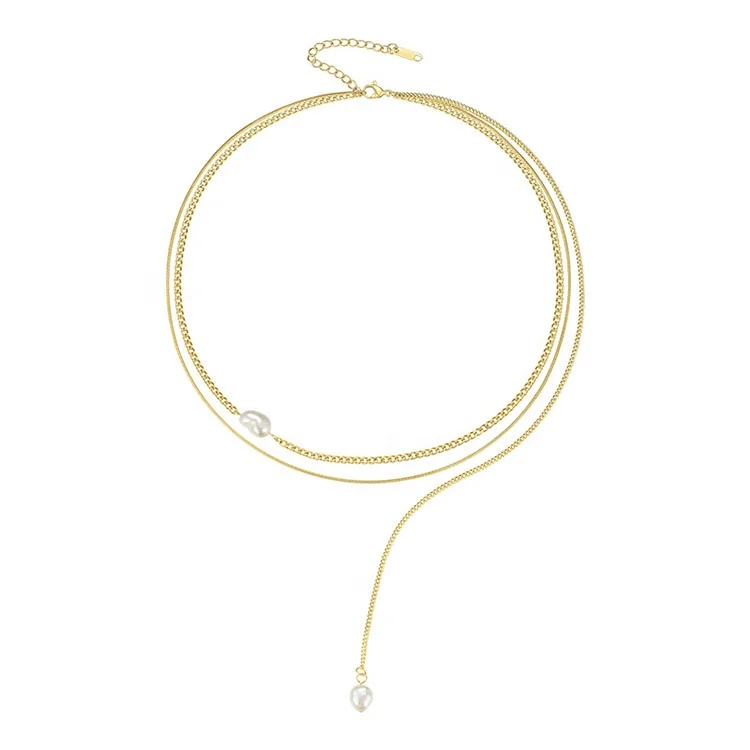 

18k Gold Plating Stainless Steel Jewelry Double Chain Freshwater Pearl Pendant Necklaces P193030