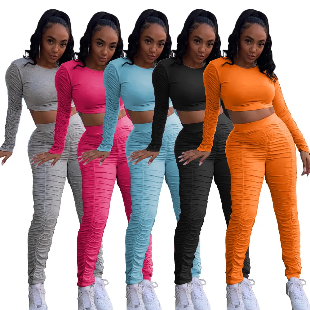 

X1247 Ladies Stacked Pants Fashion Fall Matching Clothing Two Piece Set Sexy Women 2 Piece Outfits Joggers Biker Short Sets