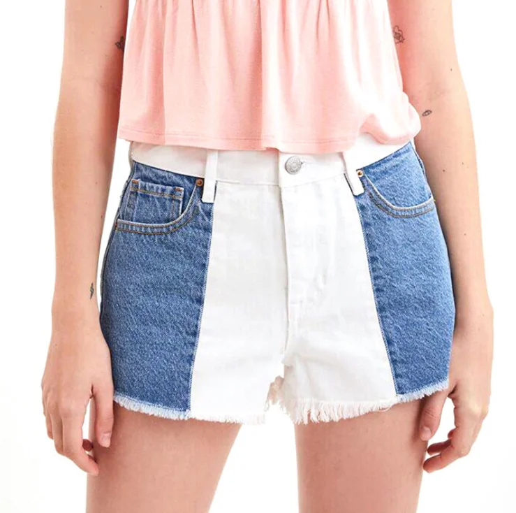 

Amazon hot selling women's stitching color stretch shorts mid waist denim summer short jeans ladies pants, Light blue,dark blue, gray color,customized color
