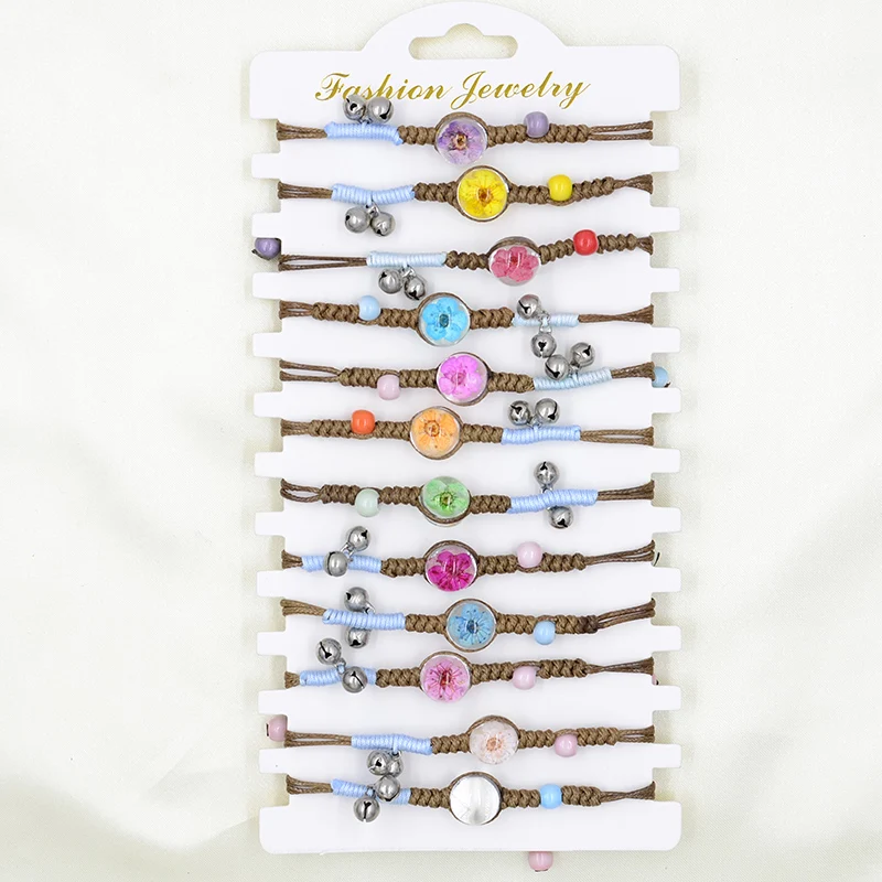 

12psc bracelet different color glass ball plant bracelet handmade dried flower bracelet girl gift natural flower woven jewelry