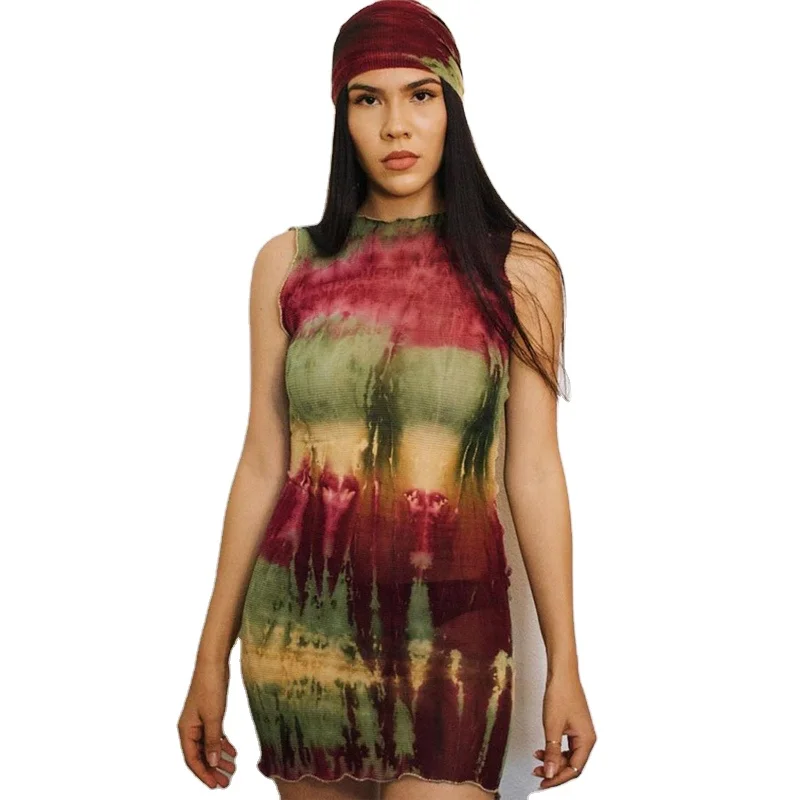 

Promotional top quality elegant clothes summer sexy tie dye long casual dresses fashion printing hip wrap dresses