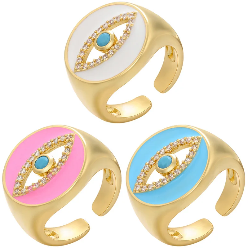 

Adjustable 18K Gold Plated Enamel Blue Eye Finger Rings Diamond Devil Eyes Open Rings, As picture