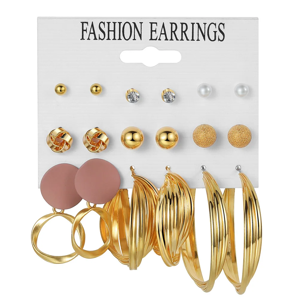 

Hot Sale Wholesale Trendy Gold Smooth Chunky Hoop Earrings Set For Women Twisted Alloy Pearl Button Stud Earrings Jewelry