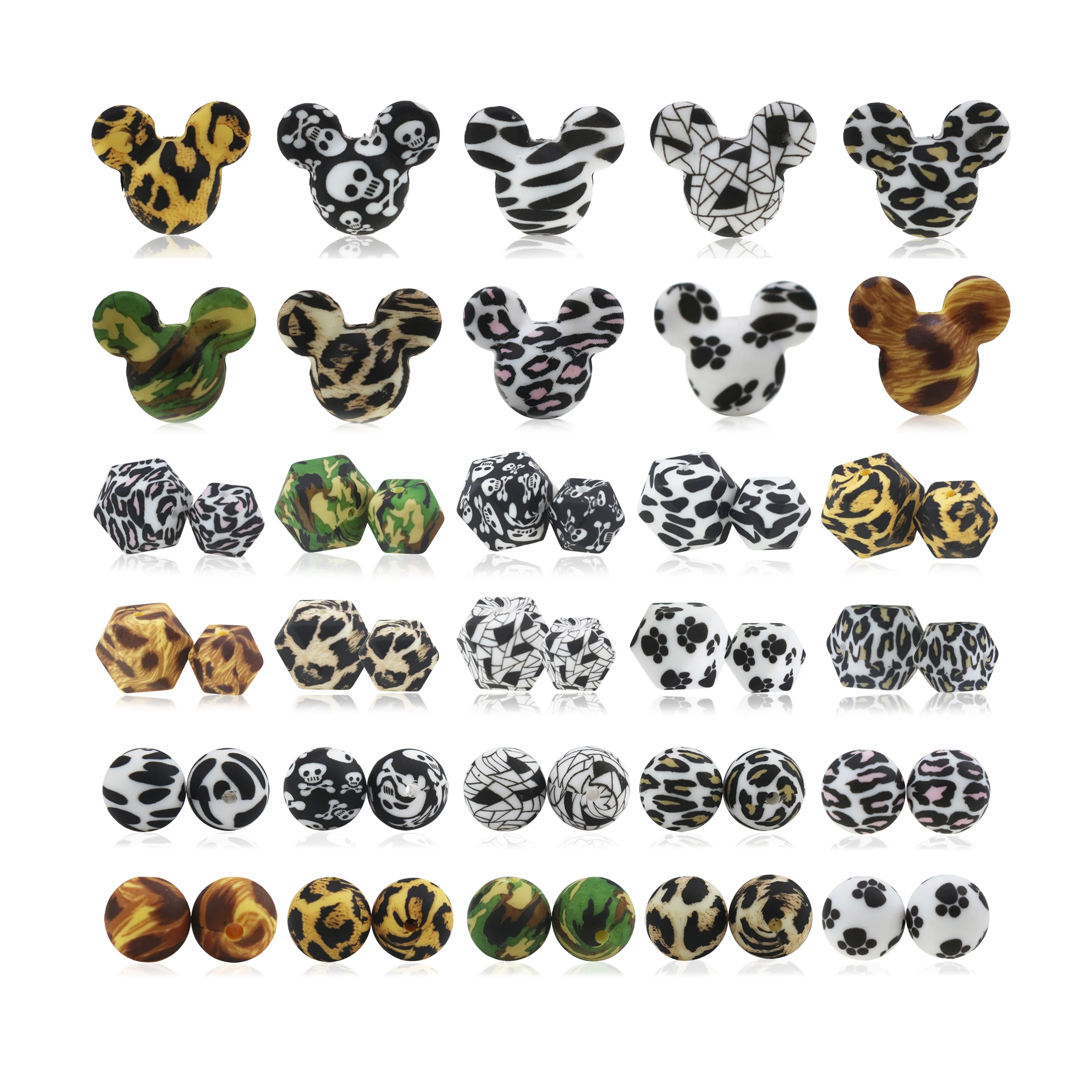 

Wholesale Baby Teether Keychain Lanyard Round Hexagon Mickey Leopard Print  Bulk Chew Silicone Beads BPA Free