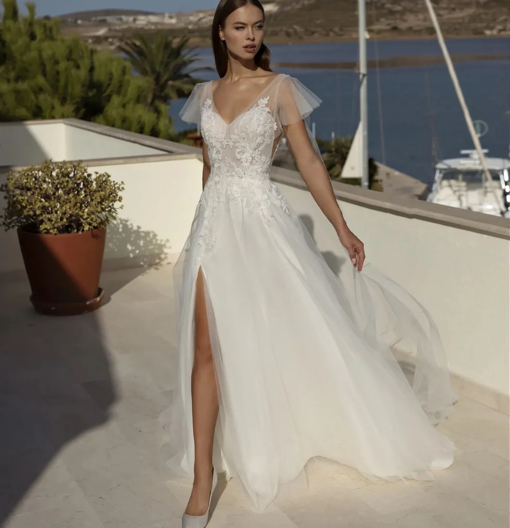 

11887# Elegant Beach Bohemian Short Sleeves Wedding Dress A-Line Tulle Deep V Neckline Lace Slit Wedding Dress Bridal Gown