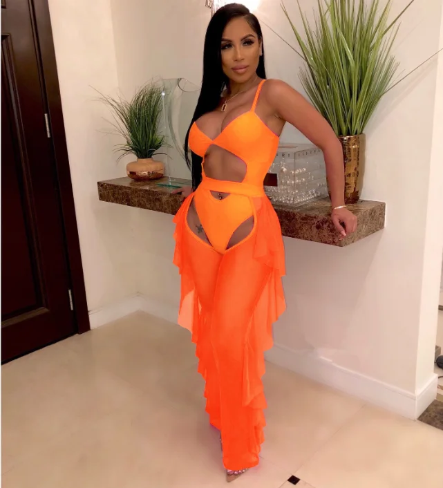 

3 Piece 2021 Neon Color Fashion Casual Two Piece Bikini Set Cover Up Pants Women Beachwear Swimwear, As picture show