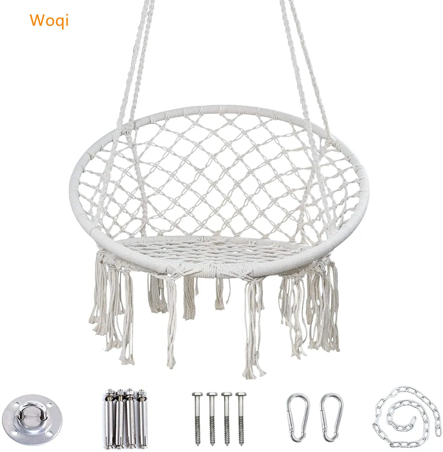 WOQI Supplier LOW MOQ Hammock Chair Hanging Knitted Mesh Cotton Rope Macrame Swing with Hanging Kit and Chain