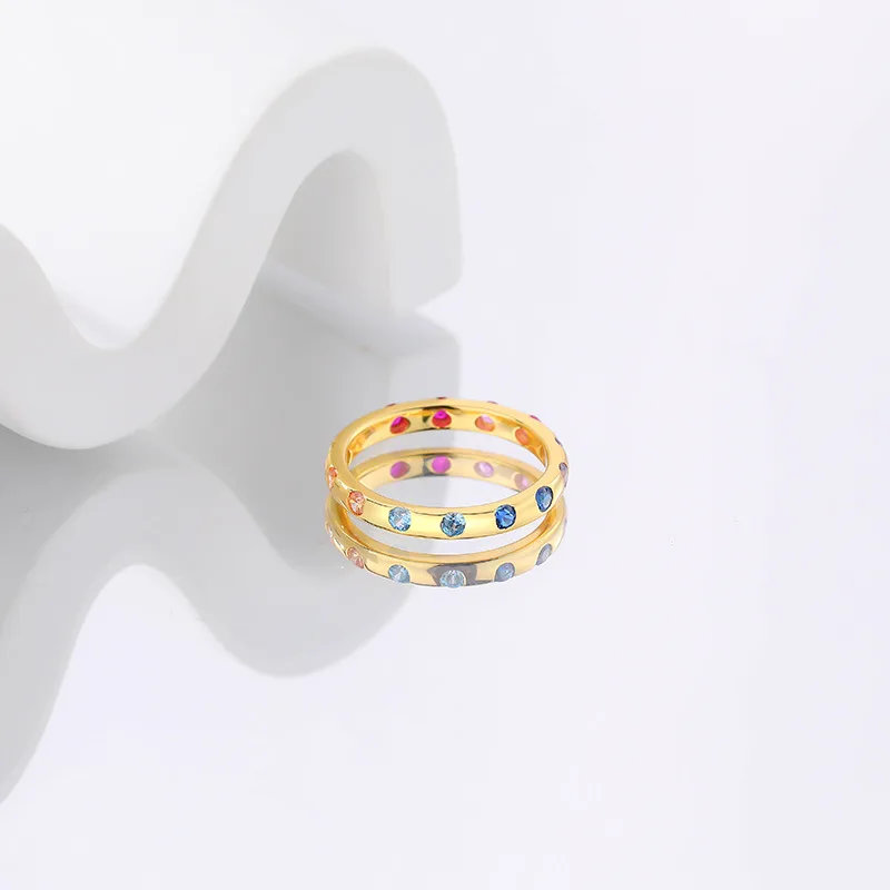 

18K Gold Plated Rainbow Zirconia Ring 925 Rings Women Minimalist Dainty Fashion Golden Rings