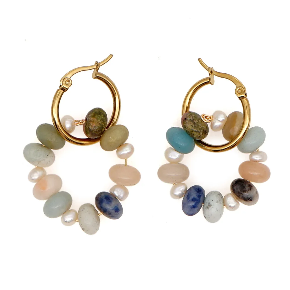 

New Design Natural Stone Baroque Pearl Earrings Stainless Steel Hoop Earrings Handmade 18K Gold Plated Boho Jewelry Wholesale