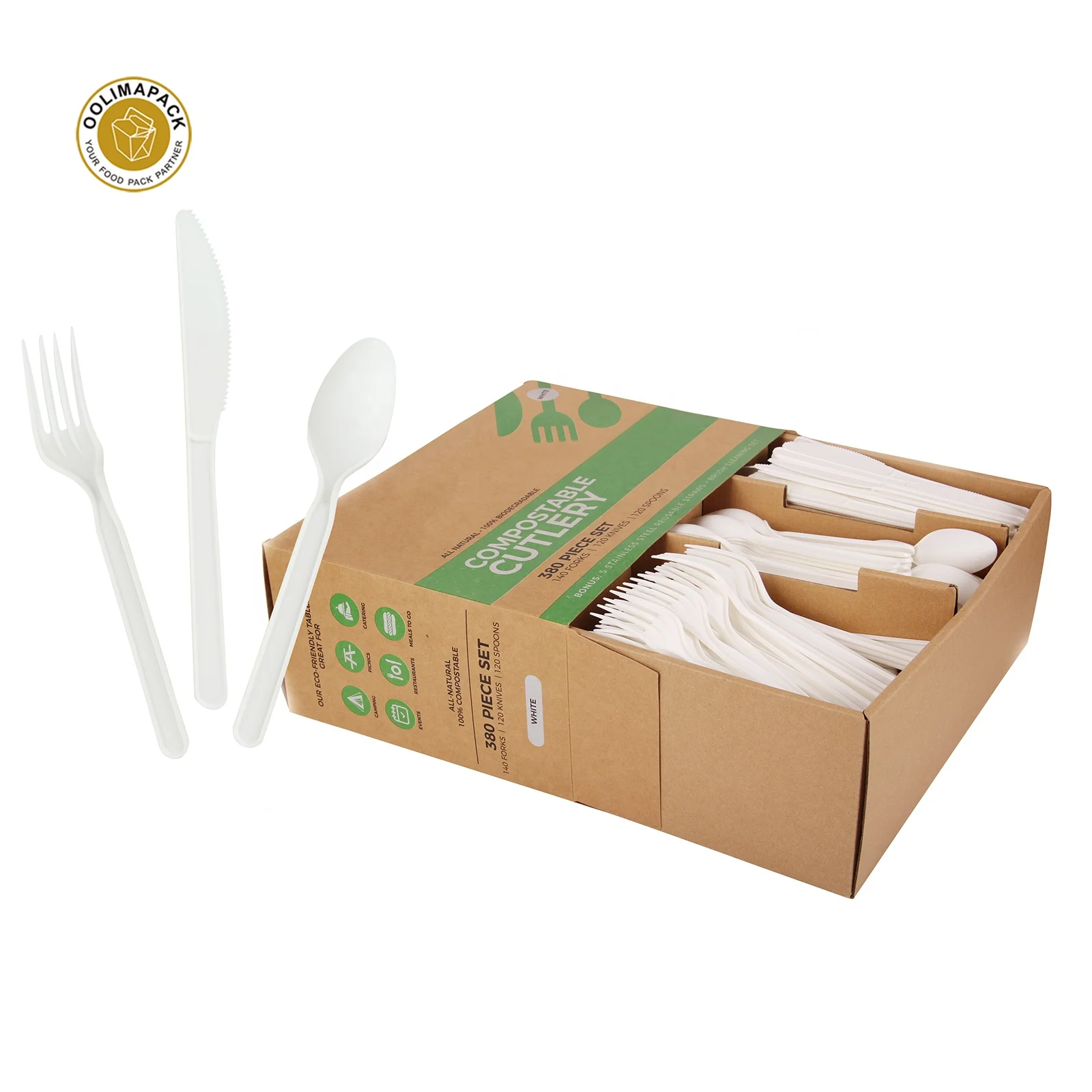 

Whole case packaging 170mm fork/160mm/spoon/180mm knife compostable CPLA cutlery utensils tableware sets, White