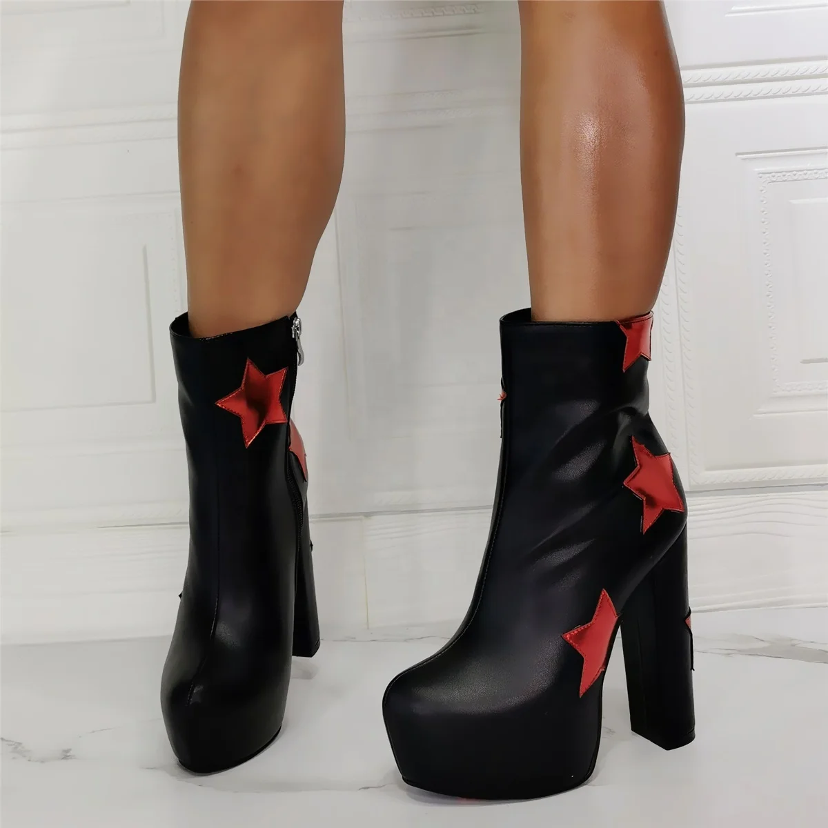 

Latest Design Red Star Ornament Round Toe Platform Side Zipper Daily Women Ankle Boots High Chunky Heel Big Size 47, Black