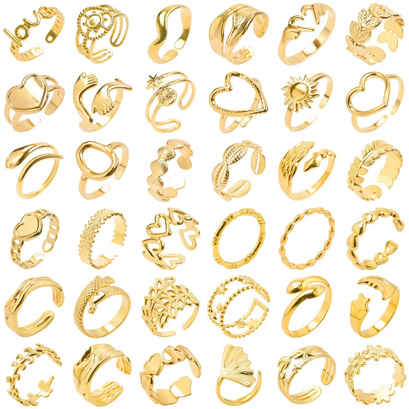 

RisingMoon 100 Models Cheap 18K Gold Plated Stainless Steel Rings Waterproof Open Adjustable Ring Non Tarnish For Women