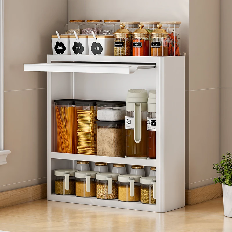 Sliding Door Modern Kitchen Spice Cupboard Rack Countertop 4 Tier Seasoning Jars Organizer Boxs Holder Storage Bottles Shelf