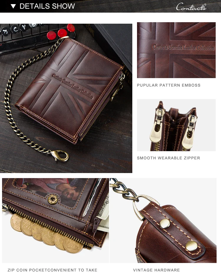 Contact's Genuine Leather Vintage Wallet for Men RFID Blocking Bifold with 2 Zipper Coin Pockets