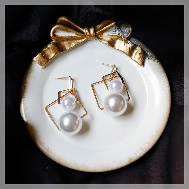 

JUHU 2021 geometric multi layer square drop earrings sweet and lovely fairy pearl stud earrings retro rhombus jewelry for women