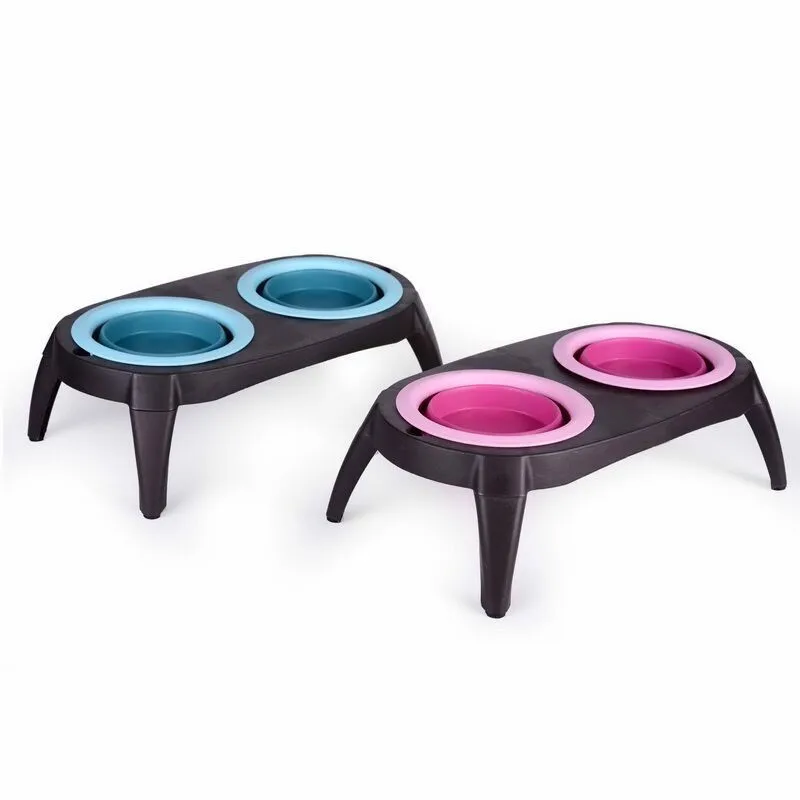 

Fast Shipping Collapsible Silicone Double Dog Cat Feeder Bowl with Stand, As photo