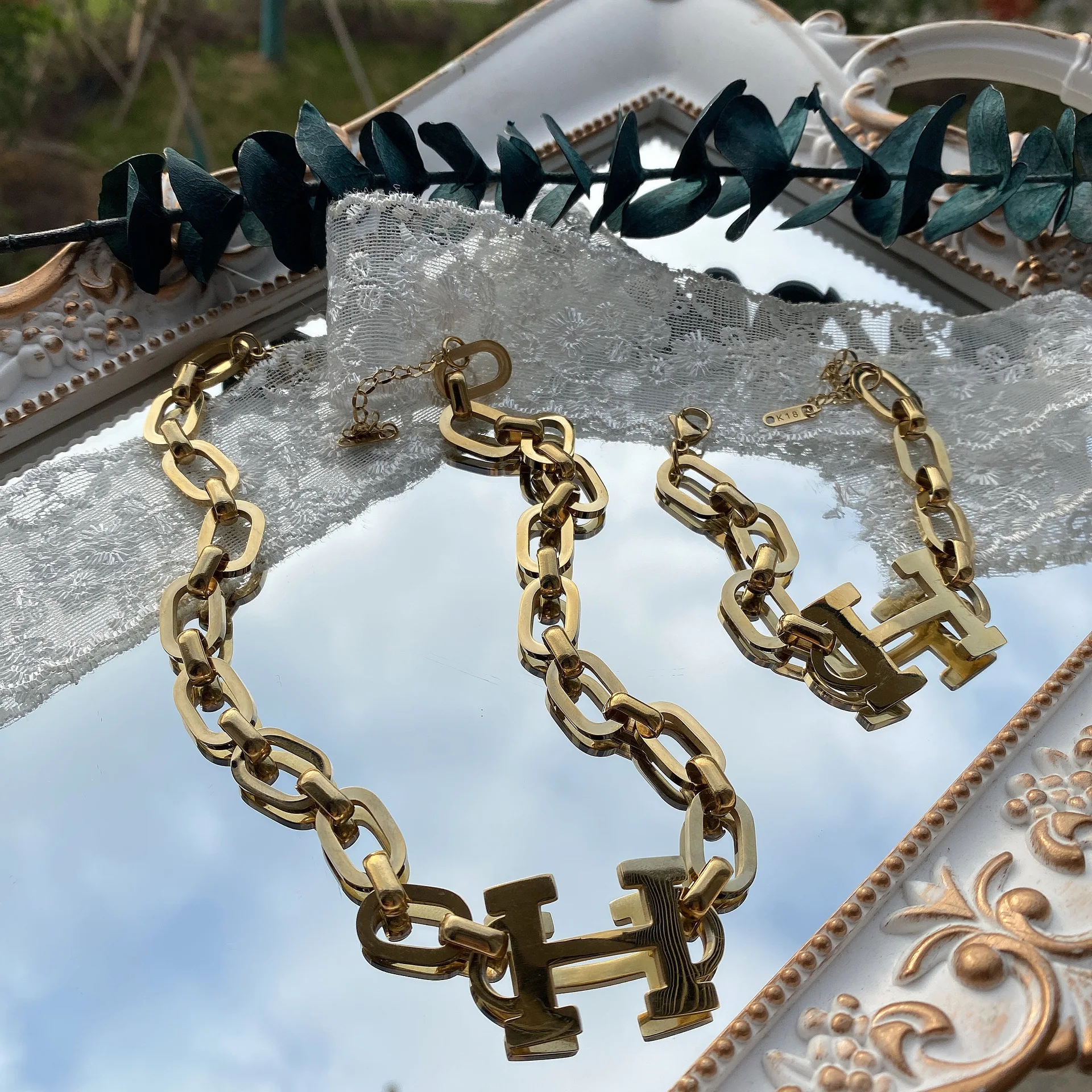 

Fashion branded inspired designer necklace bracelet for women gold jewelry letter H stainless steel necklace bracelet