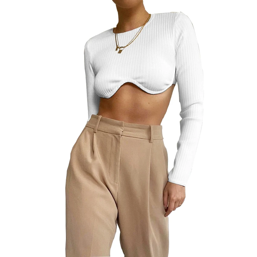 

amazon top seller 2020 women sexy solid long sleeve crop top bodycon corset top women clothing, White/oem