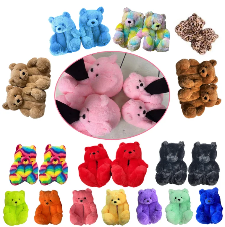 

Cute Winter WarmShoes Non-Slip Animal Fluffy Furry Teddy Bear Plush House Slippers For Women Girls Slippers Rainbow Color, 9 colors for you options
