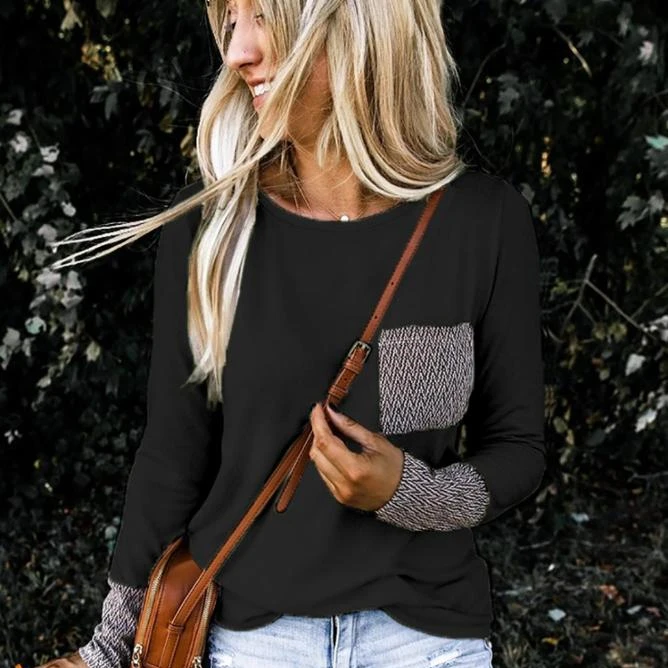 

Wholesale Women Fashion Casual O Neck Print Long Sleeve pocket tops