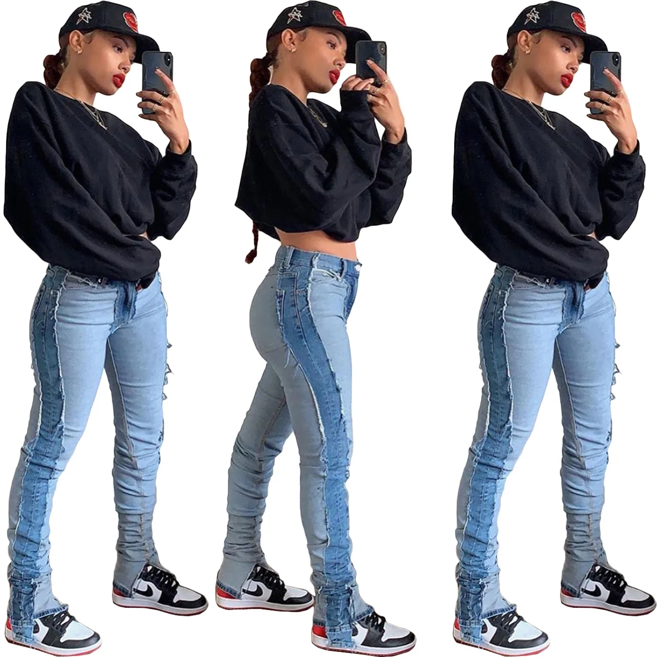 

New Fashion Sexy Patchwork Ladies Denim Jeans Panelled Women's Washed Jeans