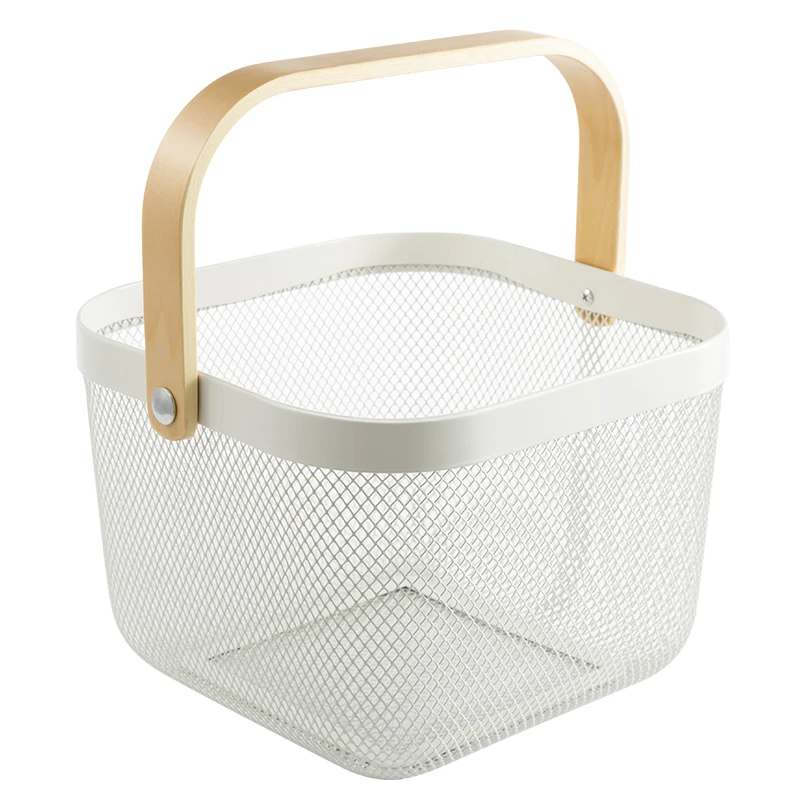 

2020 Fruit Picnic Kitchen Mesh Wire Storage Basket With Wooden Handle, Oem