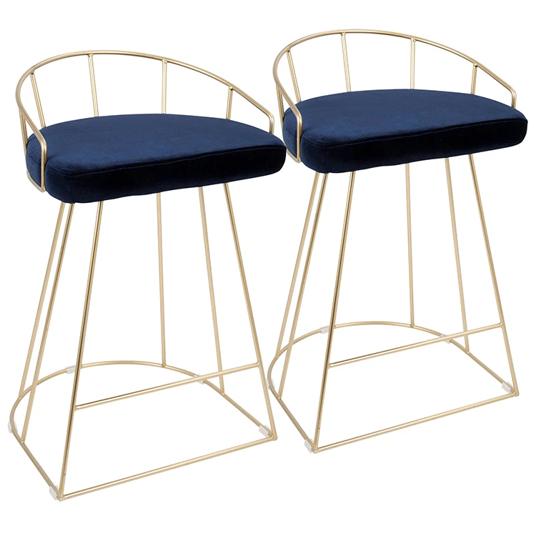 Nordic Modern Blue Velvet High Bar Hotel Furniture Gold Tone Metal Base