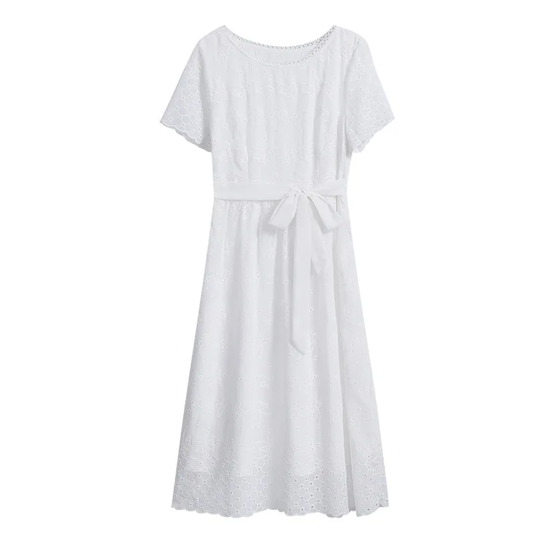 

Women White Short Sleeve Fairy Lace Dress with Waist Ties Midi Dress, 1 color