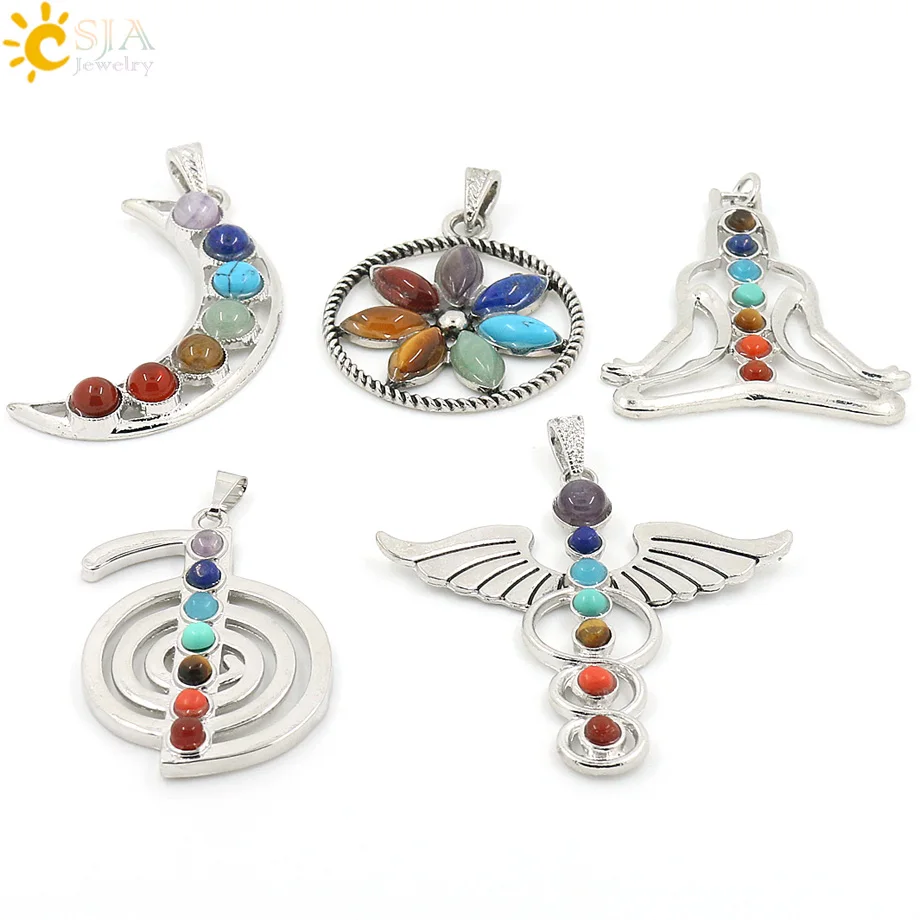 

CSJA natural stone angle wings fashion 7 chakra reiki healing charm yoga jewelry necklace pendant E015