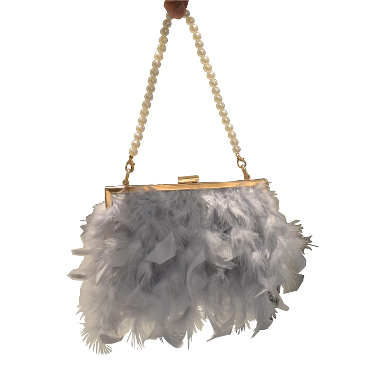 

Fashion Luxury Sling Ostrich Feather Fur Clutch Purse Faux Fur Crossbody Shoulder Bag with Pearls Handles Feather Bridal Bag, White wine gray