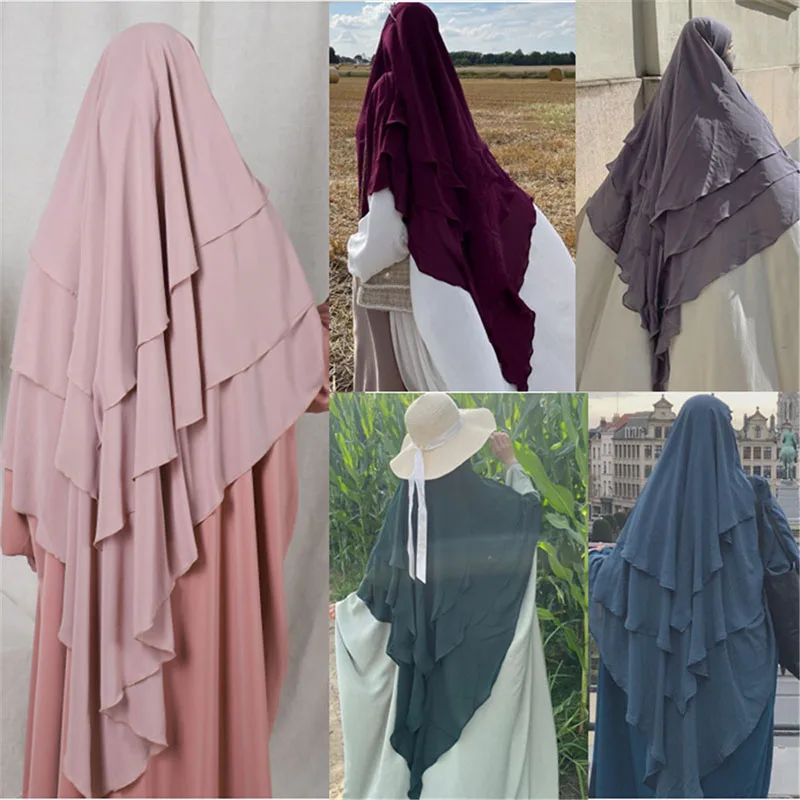 

2021 New Arrival Muslim Fashion Headscarf Niqab Islamic Hijab Women Jilbab Abaya Chiffon Prayer Three Layer Long Khimar, 12 colors in stock