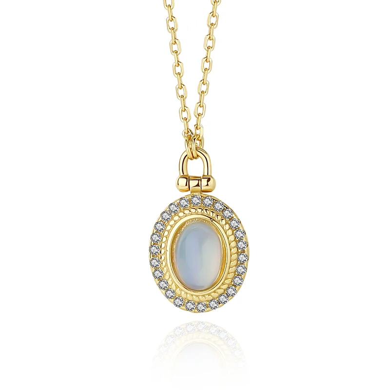 

Handmade Vintage Jewelry 925 Sterling Silver 18K Gold Plated Geometric charm Oval Opal Pendant Necklace for women