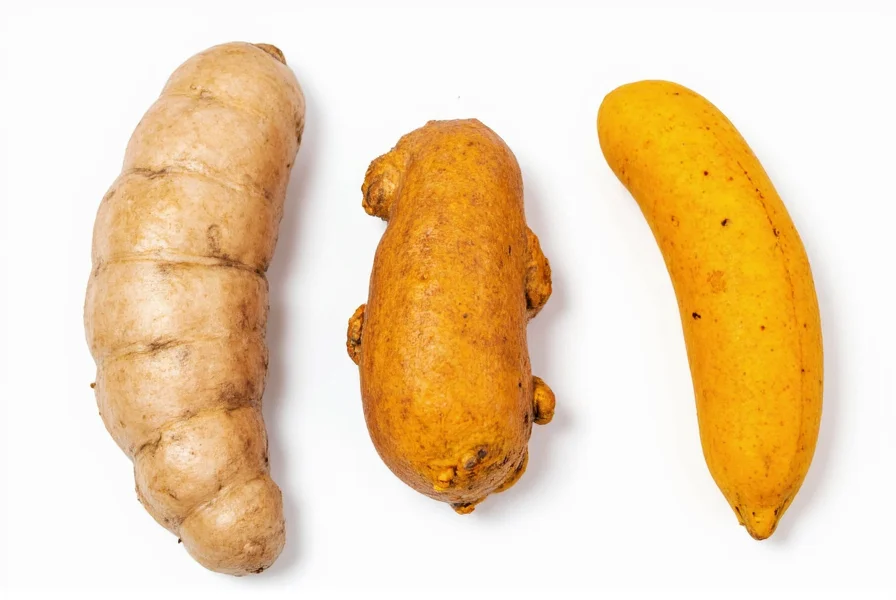 Side-by-side comparison of ginger, turmeric, and galangal rhizomes showing differences in color, texture, and growth patterns