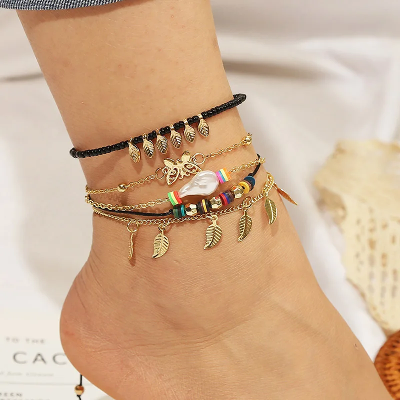 

Jachon bohemian nationality wind ankle chain butterfly leaf multi layer anklet set fashion individuality anklets, As picture