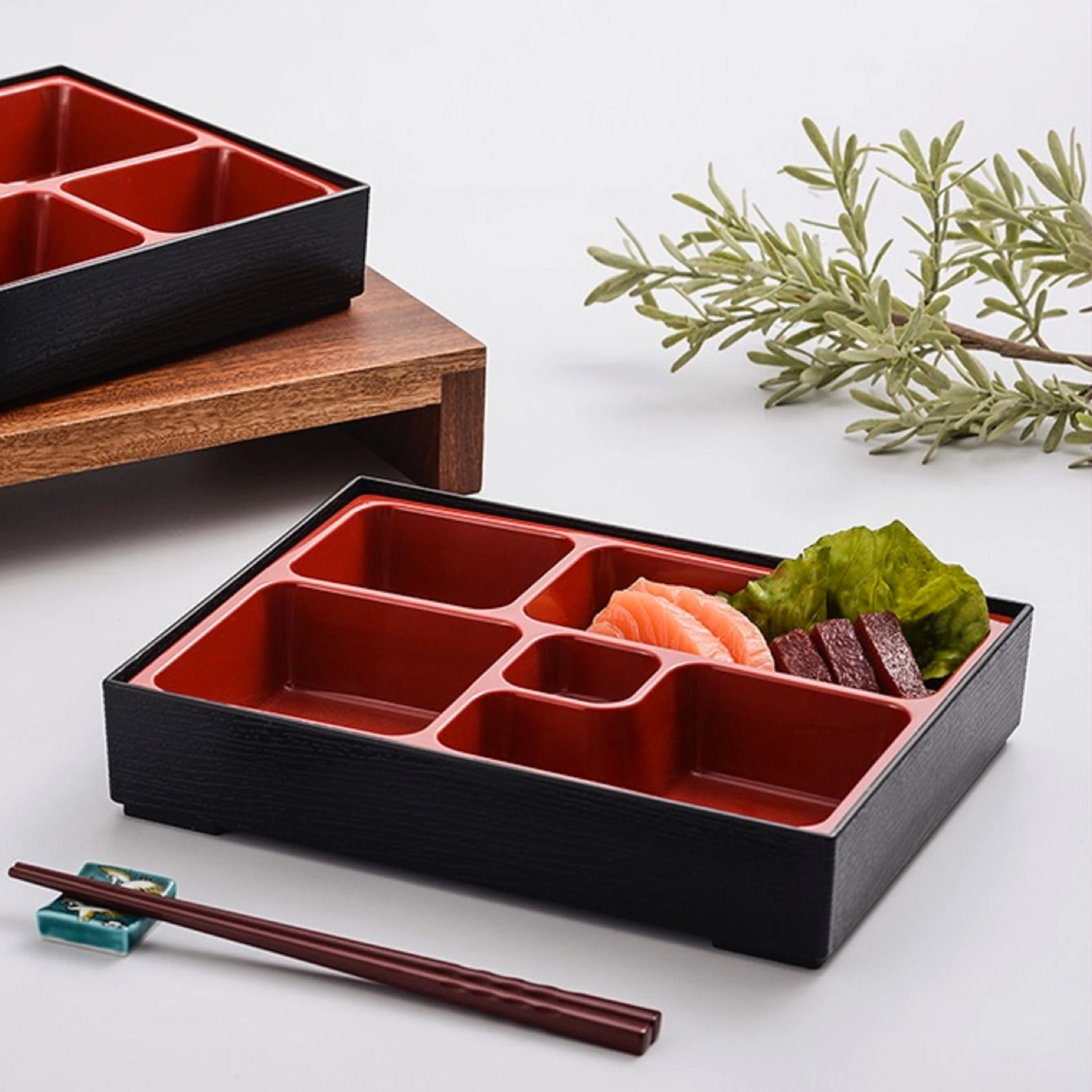 

Japanese style food container 5 compartment lunch box black and red plastic bento-box