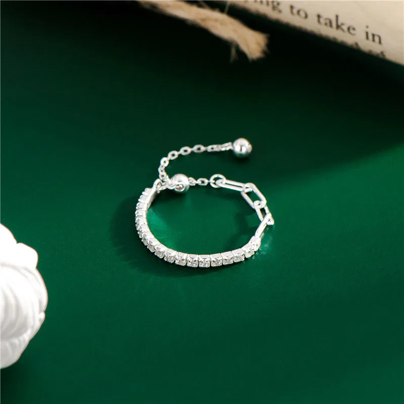 

2021 New Products Silver Diamond Tennis Link Chain Finger Ring 925 Silver Shining Crystal Chain Rings Jewelry For Wpmen