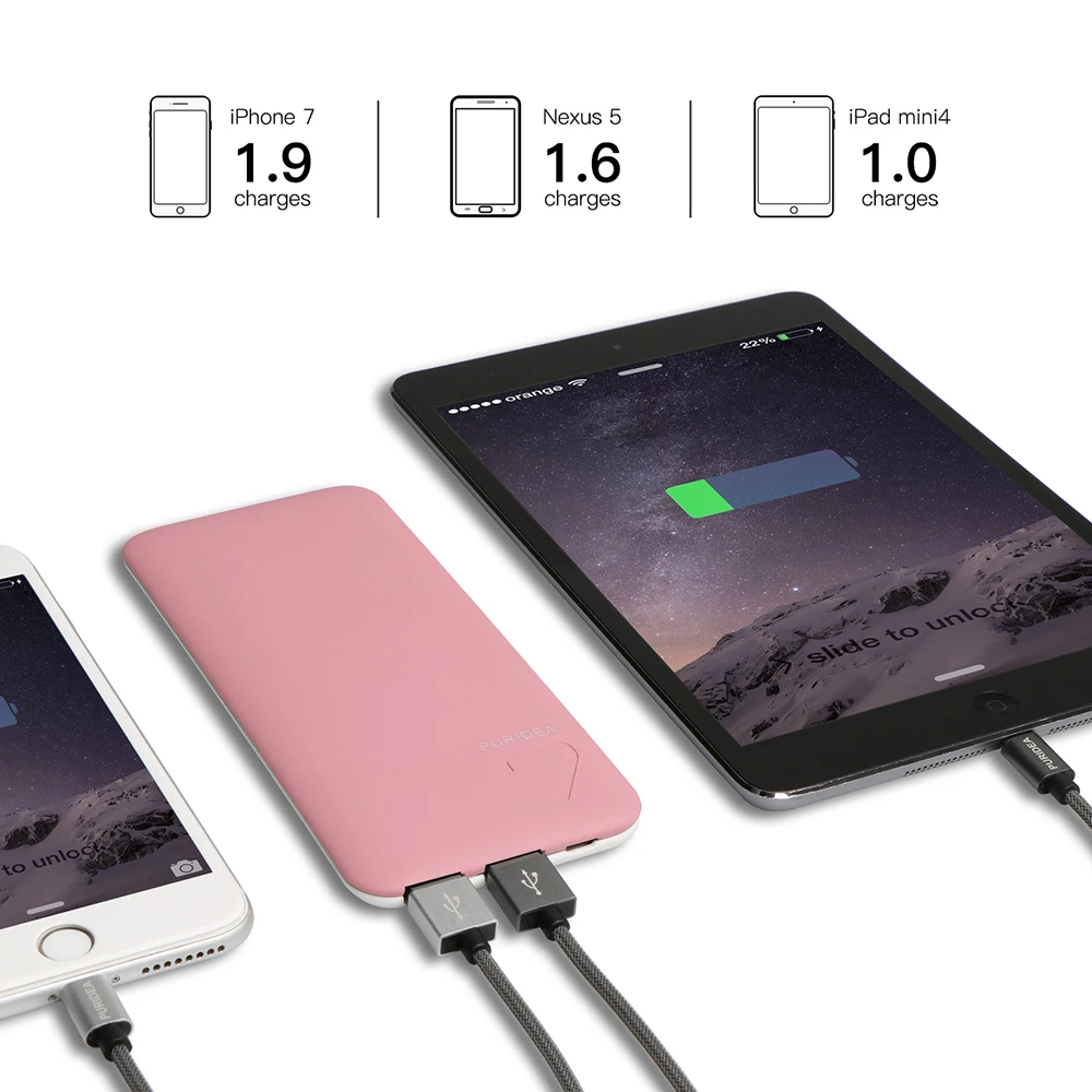 
PURIDEA S4 6600mAh Mobile Power Bank Dual USB Output Pink 
