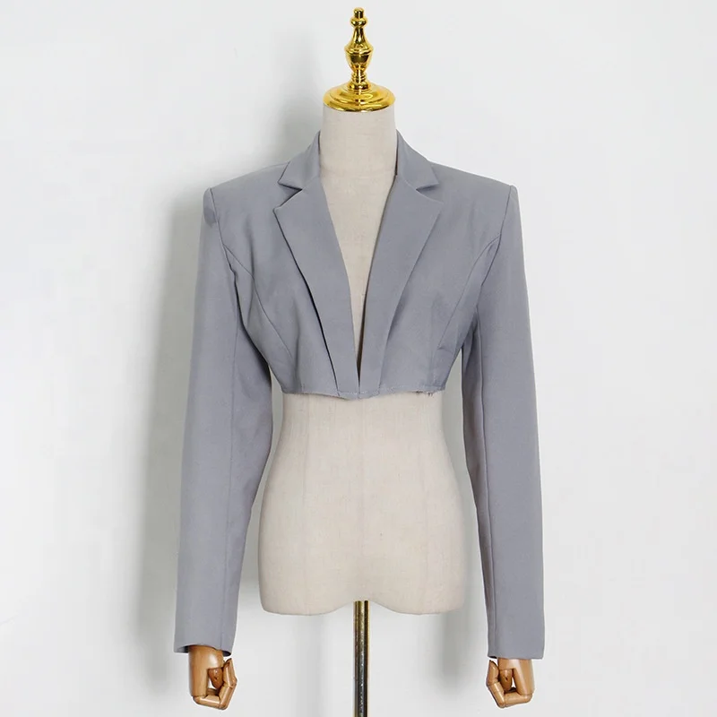

2021 Trend Design Fashionable Spring Tops Long Sleeve Blazer Casual V-neck Suit Short Jacket Blazers Femenin, Gray