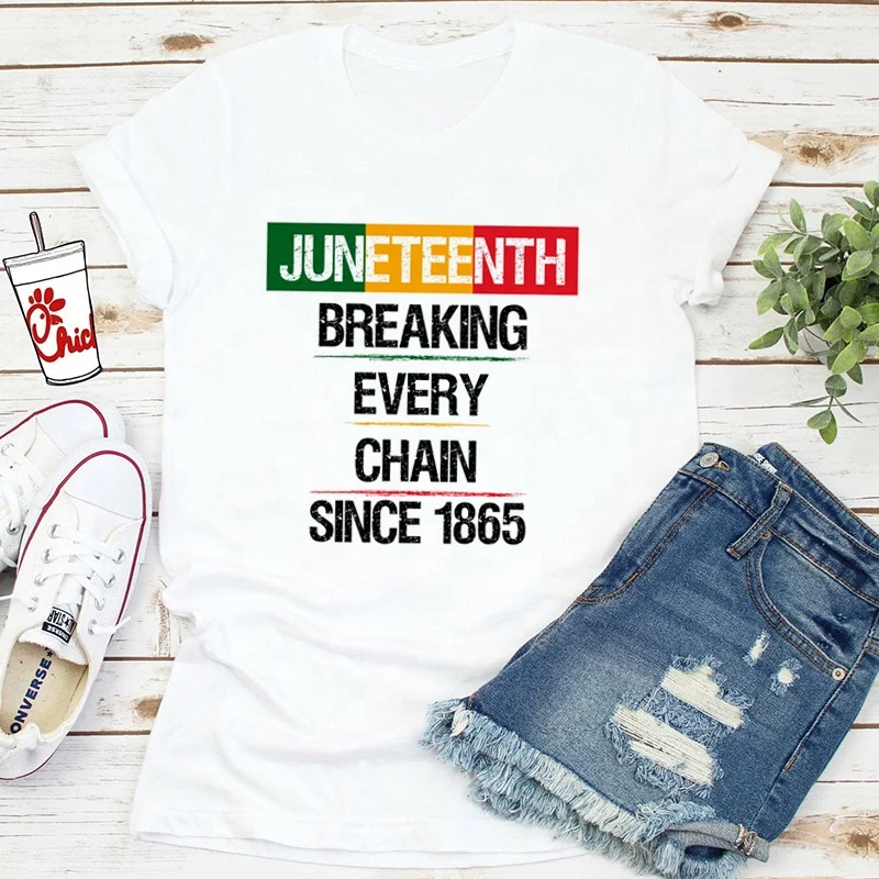 

White T Shirt Juneteenth T-Shirt Breaking Every Chain Since 1865 100% Cotton Custom Printed Tee Shirt, Picture