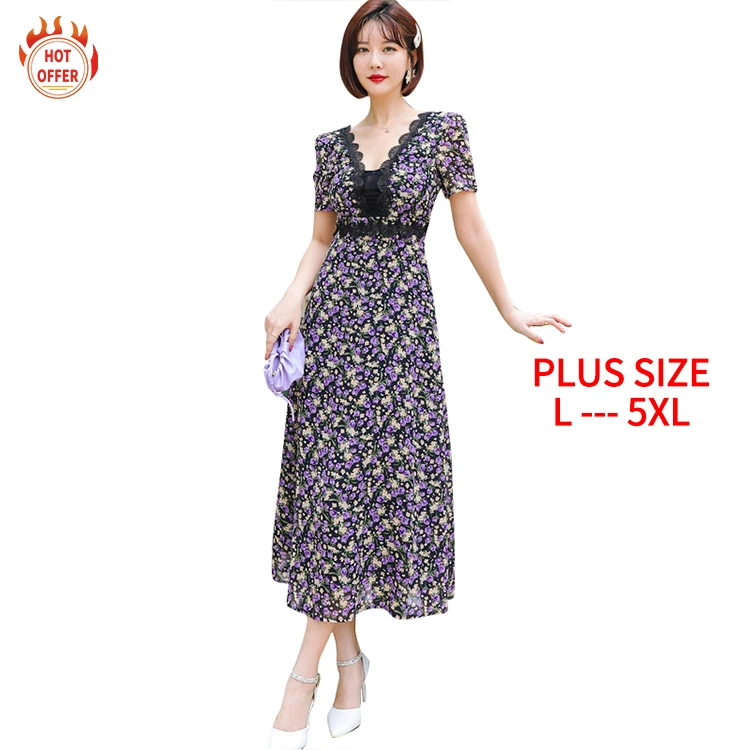 

New Design V-Neck Short Sleeve Stylish Sexy Elegant Chiffon Floral Maxi Woman's Summer Casual Plus Size Dress, Purple