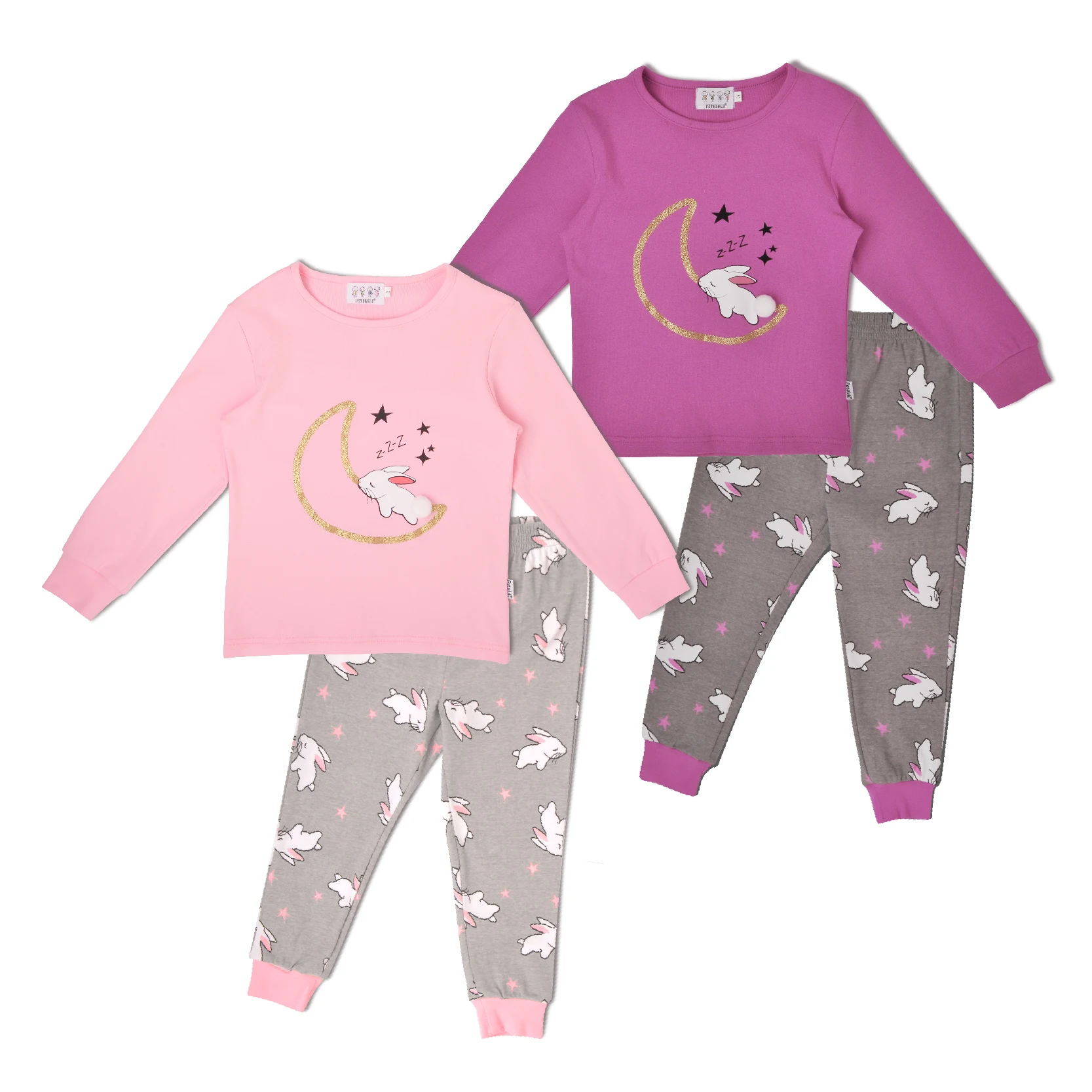 

Children pajamas cotton pajamas sets girls boys long sleeves sleepwear with rabbit print, Black & grey