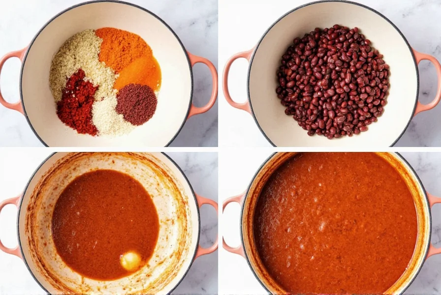 Step-by-step preparation of easy chili recipe with beans showing ingredients in mixing bowls and cooking process